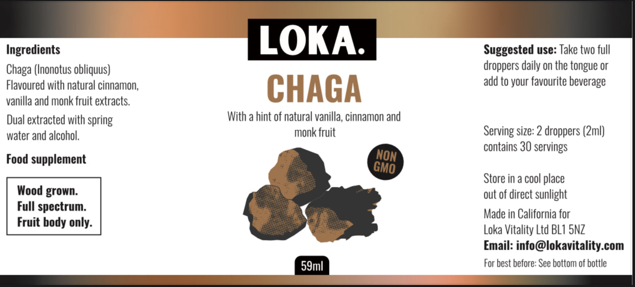 LOKA Chaga Mushroom Tincture 59ml bottle label featuring dual-extracted, full-spectrum formula with vanilla and monk fruit for daily wellness.