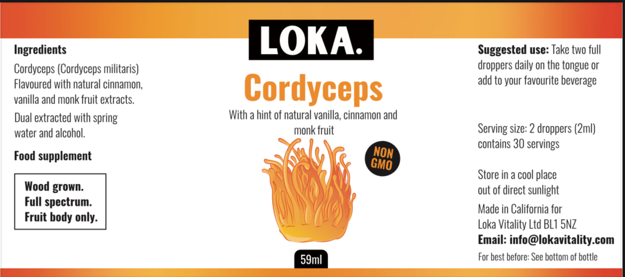 LOKA Cordyceps Mushroom Tincture 59ml with natural vanilla, cinnamon, and monk fruit. Dual-extracted, non-GMO, and wood-grown for daily wellness.