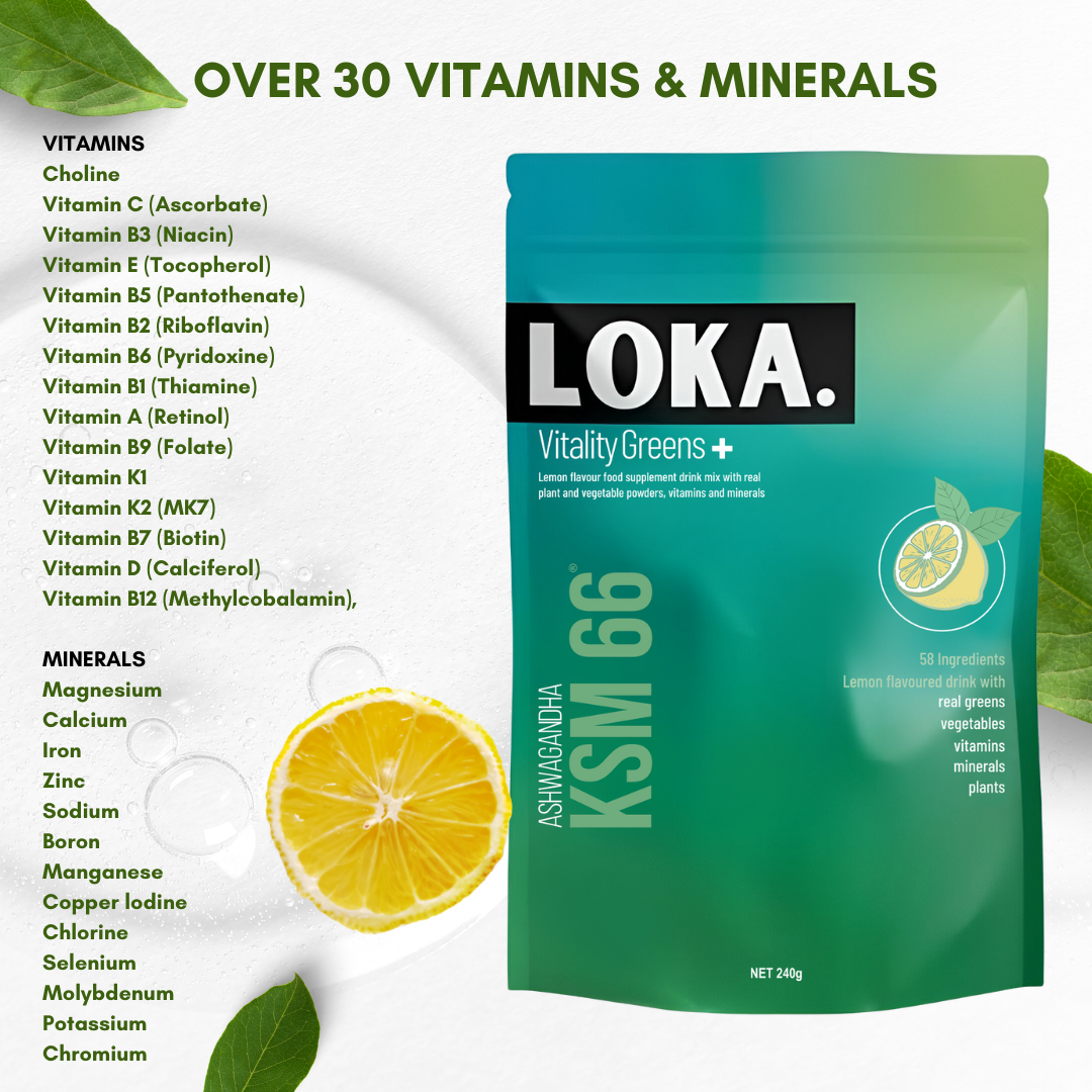 Loka Vitality Greens supplement package with lemon and green leaves on a white background