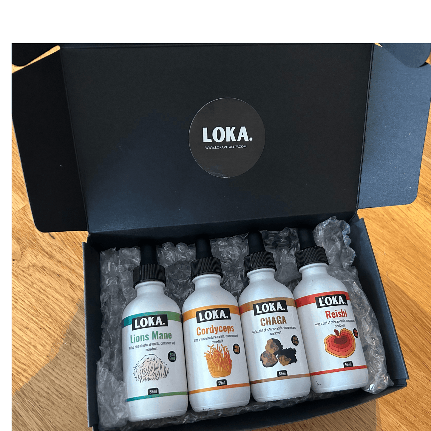 Full Functional Mushroom Set – All 4 Tinctures by LOKA in open black box, featuring Lions Mane, Cordyceps, Chaga, and Reishi 59ml bottles. Ideal for brain health, immunity, and daily wellness support.