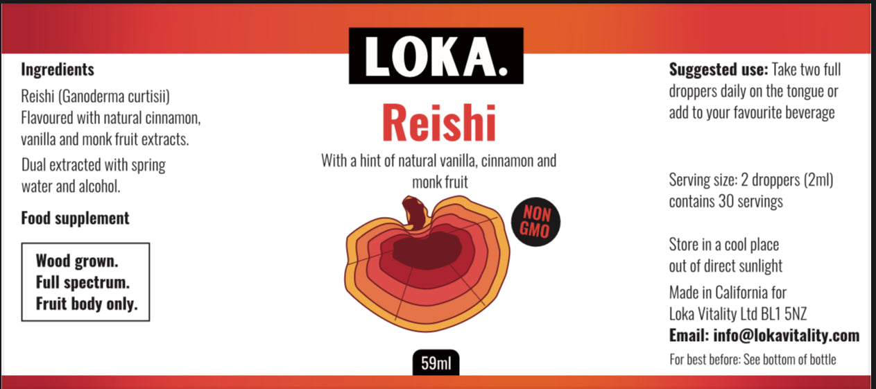 LOKA Reishi Mushroom Tincture 59ml – dual-extracted, non-GMO, with natural vanilla, cinnamon, and monk fruit. Part of Full Functional Mushroom Set.