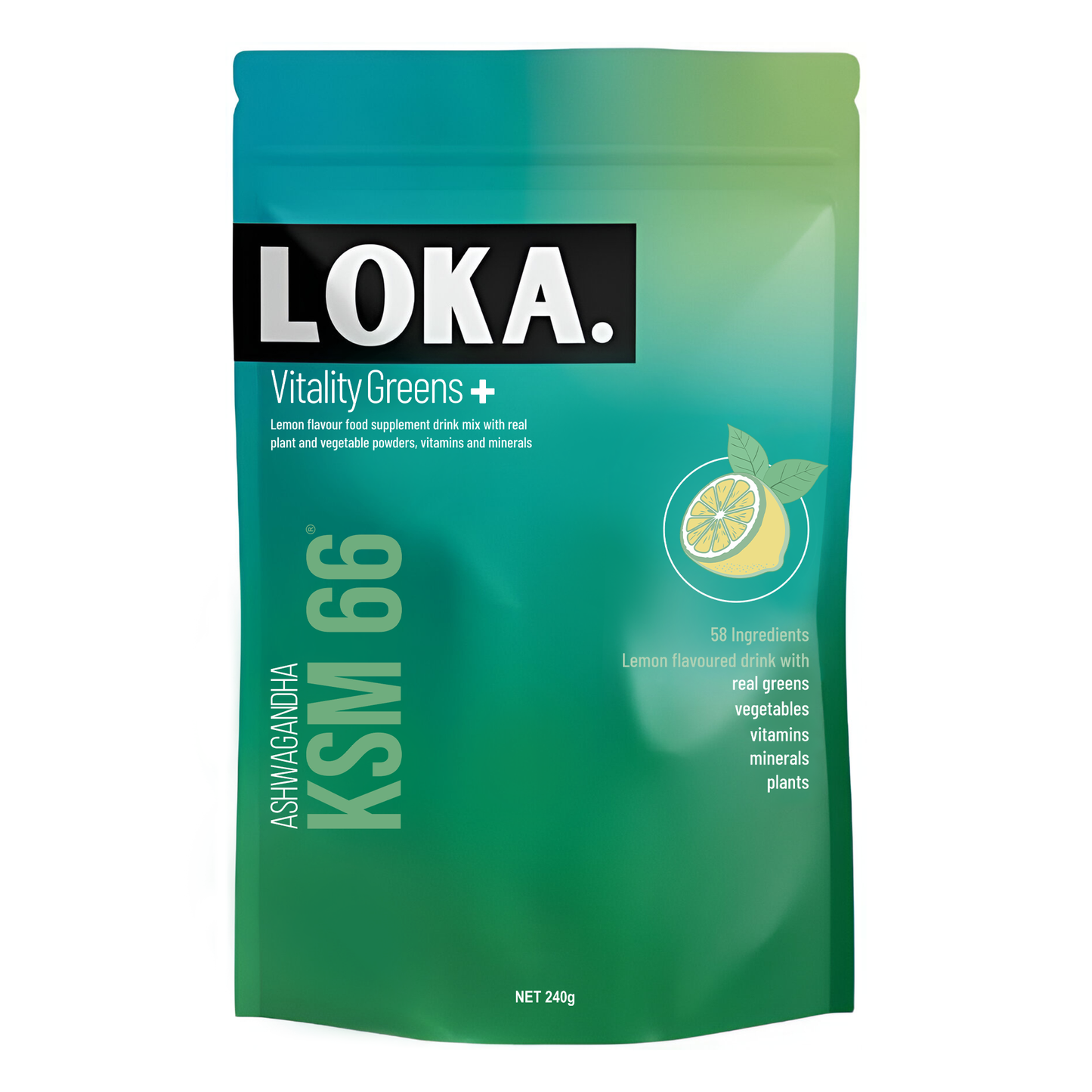 Green package of LOKA Vitality Greens with lemon graphic on a white background