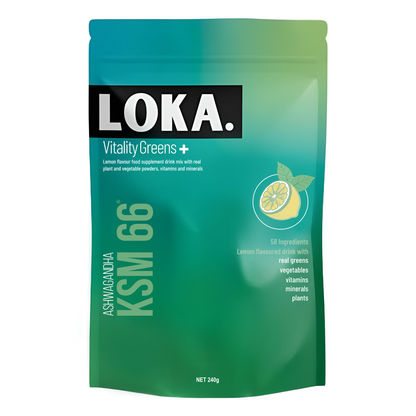 Green package of LOKA Vitality Greens with lemon graphic on a white background