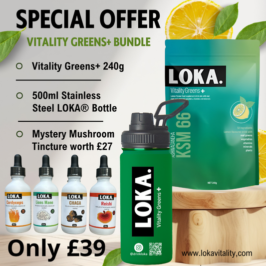 LOKA Vitality Greens+ Bundle – Superfood Powder + Bottle + Mushroom Tincture